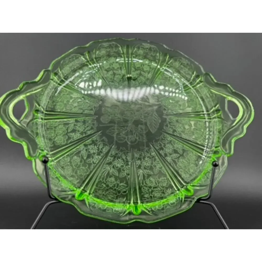 Jeannette Cherry Blossom Uranium Green Depression Glass Handled Serving Plate